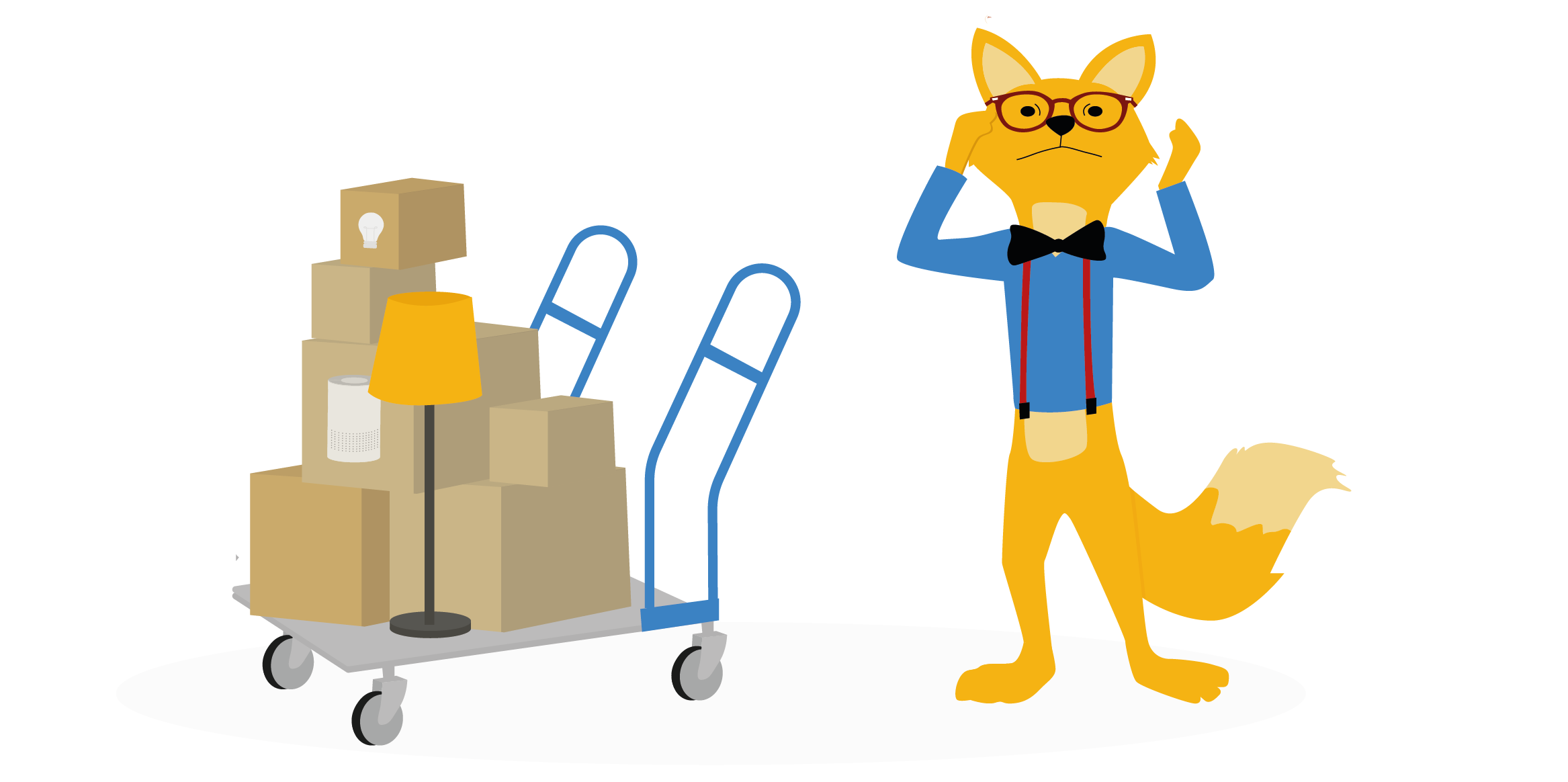 Der “Smart-Home-Fox” steht schockiert und überfordert vor einem überfüllten Ikea Einkaufswagen